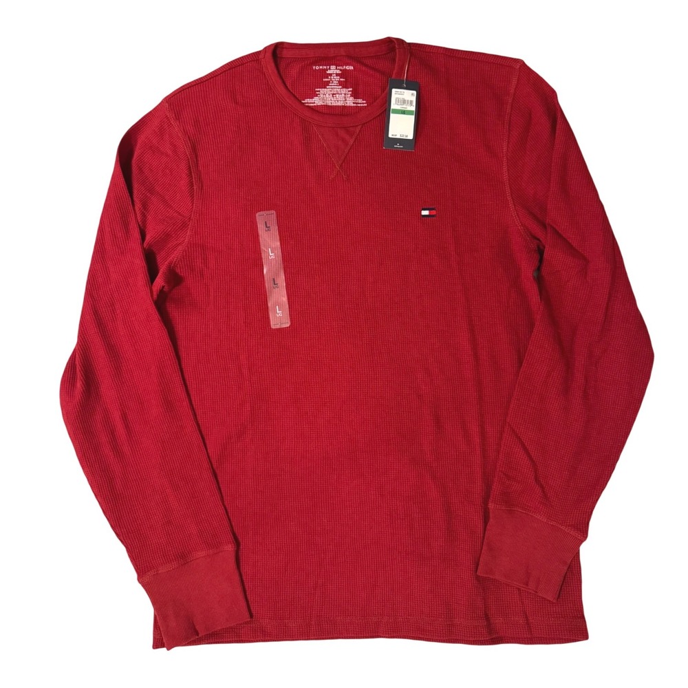 Tommy Hilfiger Mens Thermal Shirt L Red Waffle Knit Long Sleeve in Currant‎ NEW